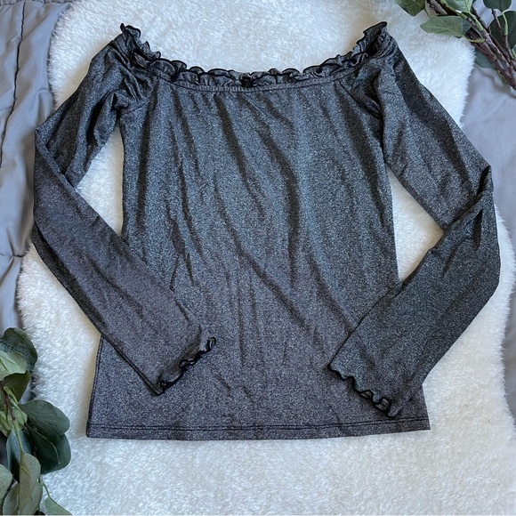 Aeropostale Long Sleeve Sparkle Lettuce-Trim Off-The-Shoulder Top - Picture 3 of 13